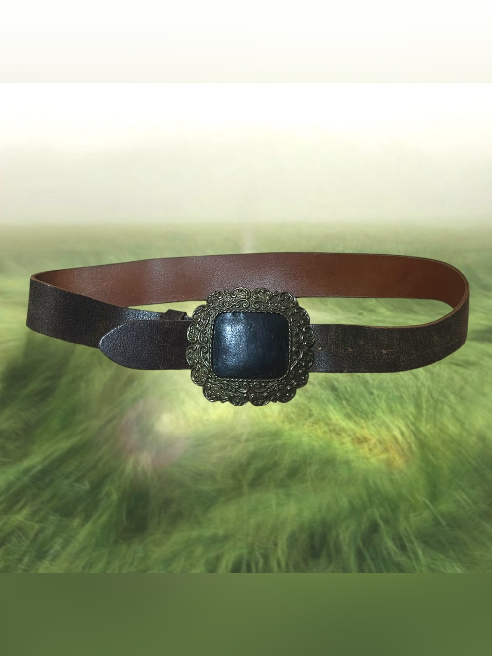 Vintage Brown Leather Belt with Ornate Black Stone Buckle